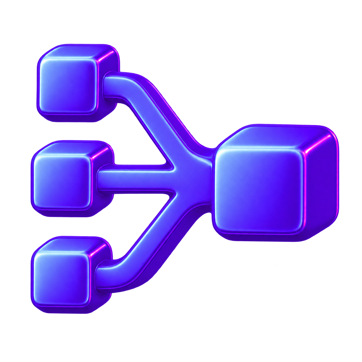 Purple 3D branches merging into one block representing smart aggregation