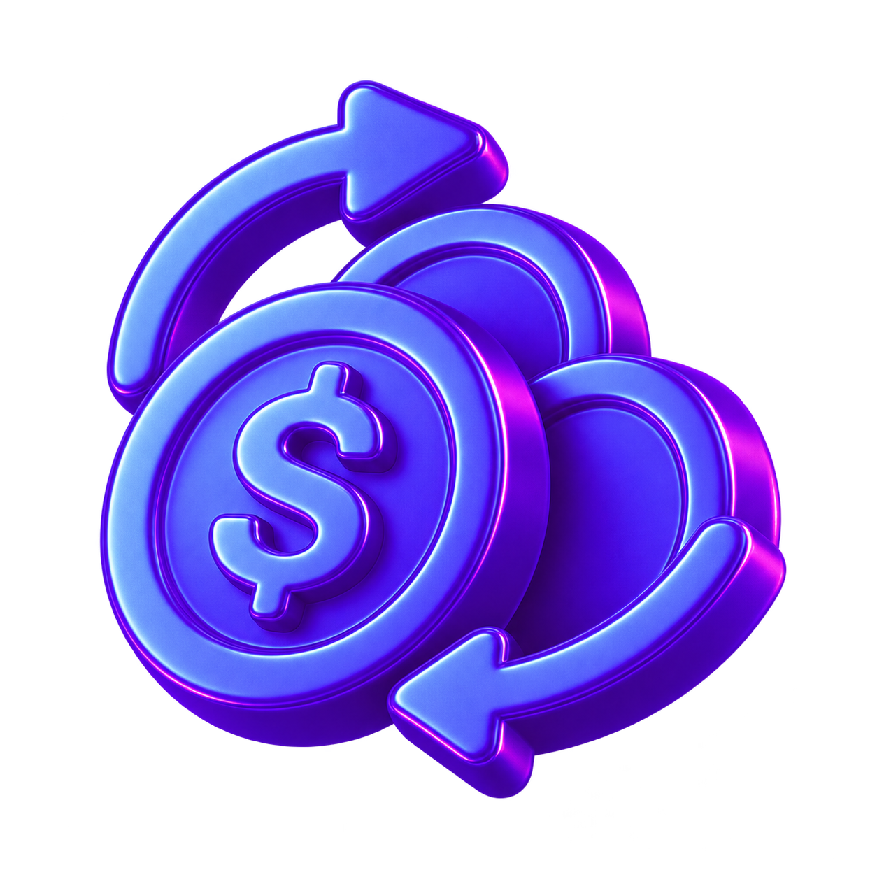 Purple 3D coins and exchange arrows representing multi-asset liquidity